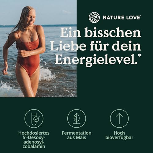 NATURE LOVE® Vitamin B12 Tropfen Vegan (900 Tropfen, 50ml flüssig). B12 duo-aktiv: Methyl- & Adenosylcobalamin. Hoch bioverfügbar, laborgeprüft, ohne Zusätze, in Deutschland produziert
