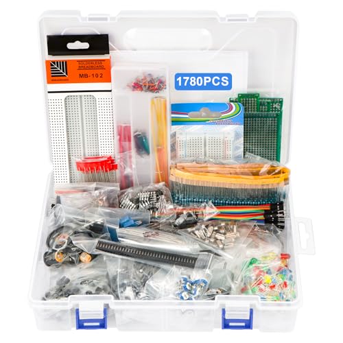 Electronic Component Kit 1780 Pcs DIY Electronics Kit with Resistors Capacitor LED Diodes Transistors Dupont Wire Breadboard PCB Potentiometer Triode IC Crystal Oscillator Buzzer Switch Motor Speaker
