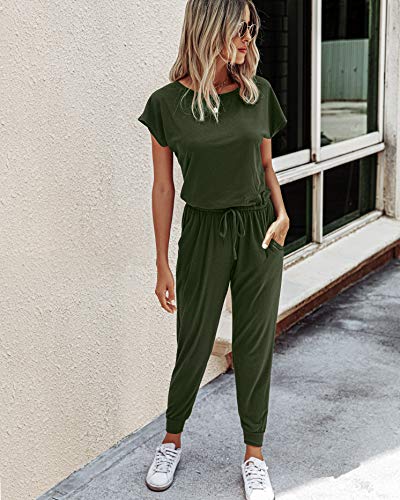PRETTYGARDEN Women Casual Short Sleeve One Shoulder Solid Waisted Long Jumpsuit Romper, 600089 Green, Medium