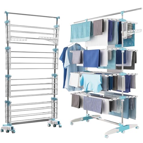 FACILITYS - Étendoir Linge Intérieur - Séchoir à Linge Pliable, 172 x 67 x 168 cm, Étendage 30 m - Pieds Rabattables à 6 roulettes - Étendoir à Linge en Acier Inoxydable - Format Familial