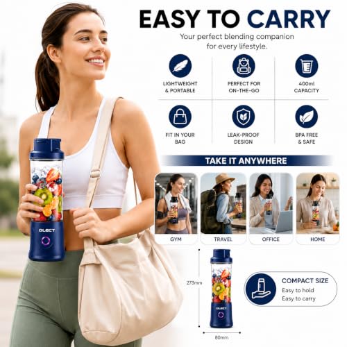 Image of QLECT Portable Juicer Blender 400ML, 22 Stainless Steel Blades, 3000mAh Battery, 7.4V Motor, USB Type-C Rechargeable Smoothie Maker for Fruits, Protein Shakes & Travel(Blue)