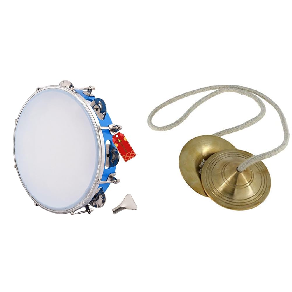 UAPAN Dafli Musical Instrument (10 inch Hand Percussion, Blue Tambourine) & Metal Craft Brass Manjeera (3 Inches, Pair).