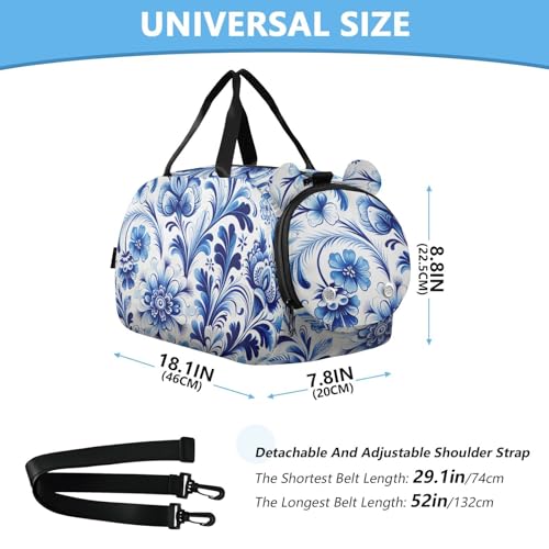Blue White Floral Tile Duffle Bag for Girl, Sports Duffle Gym Bags with Shoe Compartment, Personalized Overnight Bag Travel Weekender for Kids2