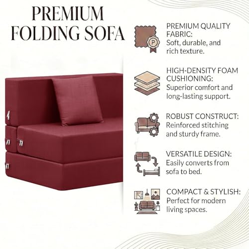 Image of Rosebell Single Seater Foldable Sofa Cum Bed (3x6 Feet) ? Jute Fabric, Washable Removable Cover, Includes Cushion | Space Saving Convertible Sofa Bed for Home, Office & Guests - Red
