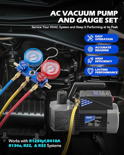 Image of Orion Motor Tech A2L AC Vacuum Pump and Gauge Set, for R1234yf R32 R134a R410A Systems with 3.5 cfm Sparkless Ignition Proof Vacuum Pump, 3 Way AC Gauges Quick Couplers Can Taps Hoses Thermometer