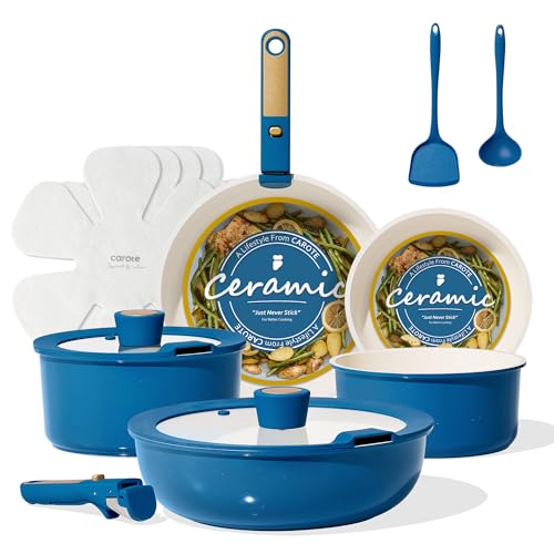 Image of CAROTE 15Pcs Ceramic Cookware Set, Pots and Pans Set Non stick, Non Toxic Cookware Detachable Handle, Induction Cookware, Dishwasher/Oven Safe, RV/Camping, PFAS Free, Blue&Gold