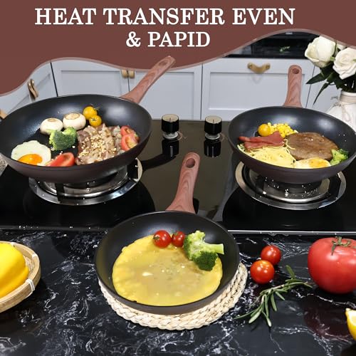 Non Stick Frying Pan Set, 3pcs Nonstick Skillets - 11 Inches, 9.5 Inches and 8 Inches Induction Fry Pan Compatible with All Cooktops, Nonstick Cooking Pan with Stay Cool Handle, PFOA PFAS Free - Image 6