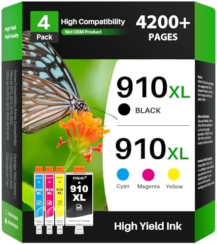 910XL Ink Cartridges Combo Pack Compatible Replacement for HP 910XL 910 Ink Cartridges to Use with HP OfficeJet Pro 8020 8025 8028 8030 8035 8010 8015 8018 8022 Printer (1BK/1C/1M/1Y, 4 Pack)