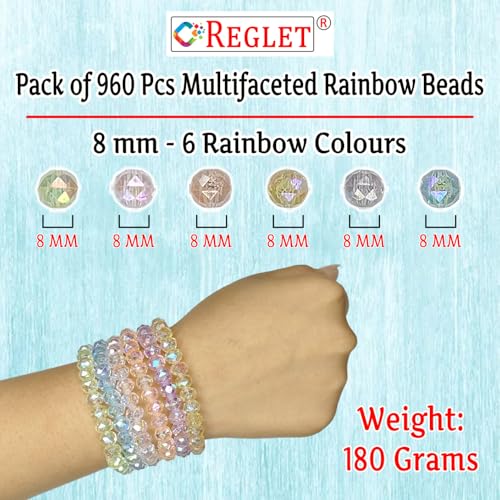 Image of 960 Pcs Multi Faceted Rainbow Crystal Beads for Jewellery Making Kit - Beads for Bracelet Making Kit - Beads for Craft - Acrylic - Multicolour - 180g, 8mm