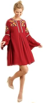 Bell Sleeve Dress with Floral Embroidery and Lace Trim Detail (Small,  Burgundy) at Amazon Women's Clothing store