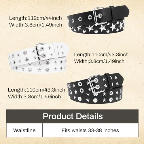3 Pcs Black White Star Belt Punk Rock Belt with Grommet Threads Bright Metal Pyramid Gothic Belts for Women Men3