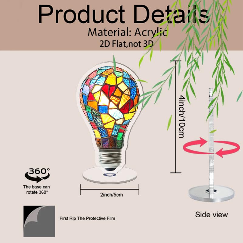 YLUYINOM 2D Flat Acrylic Display Plaque, Illuminated Stained-Glass Light Bulb with Vibrant Colors and Standard E27 Base for Decorative Display. Rotatable, with Base