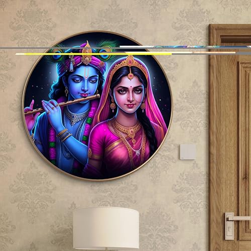 Image of Livin'luxe Radha Krishna Round Art Print with Golden Frame | Divine Flute HD Art Print for Pooja Room Living Room Temple Decor (20x20 Inch) Art-GRL-204