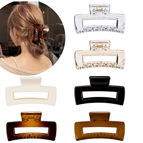 Whaline Hair Claw Clips Strong Hold Rectangle Hair Claw 6 Pack Transparent & Solid Color Hair Jaw Clamp Non-Slip Catch Hair Clips Hair Styling Accessories for Women Girls Thin Thick Hair