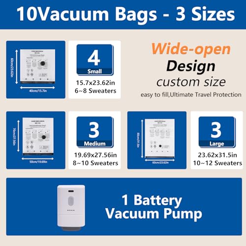 Vakuumbeutel für Kleidung 10er Set – Kabellose Vakuumpumpe für Vakuumbeutel Mehrgrößig (3x60x80cm/3x50x70cm/4x40x60cm) 80% Platzersparnis PA+PE Wiederverwendbar
