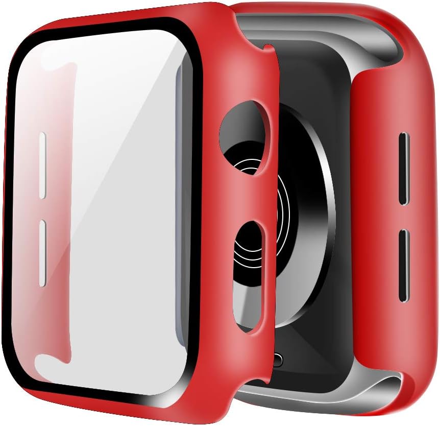 Hard Case Compatible with Apple Watch 40mm 44mm, Ultra-Thin HD Tempered Glass Screen Protector Case for iWatch Cover Series 6 SE 5 4 Full Coverage, Touch Sensitive (Red, 44mm)