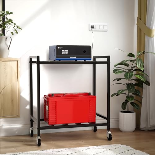 Image of 2-Tier Ups Stand for Home & Office - Metal Inverter Trolley with Sturdy 360 Metal Caster Wheels - Battery Stand for Inverter - Friction Free Smooth Wheels - Inverter Cabinet with Shelf - Hold 100Kg+