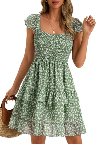 Image of Women Summer Dresses Casual Boho Smocked Ruffle Sun Beach Babydoll Mini Dress Layered Flowy Swing Dress