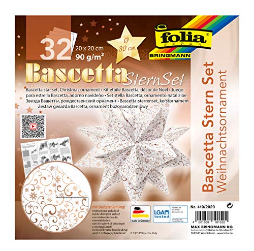 Folia Bascetta Christmas Craft Set, White/Copper, 32 Sheets, 20 x 20 cm, Finished Size of The Paper Star Approx. 30 cm, with Detailed Instructions-Ideal for Timeless Decoration