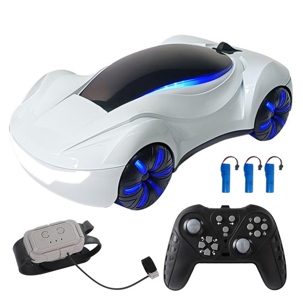Dodoore Remote Control Cars, 2.4GHz 4WD Sci-fi RC Drift Car with Dual Controller, Spray Music & LED Light, 360° Spin Drift Gesture Sensing Hand Controlled Car Gifts for Kids Boys Girls White