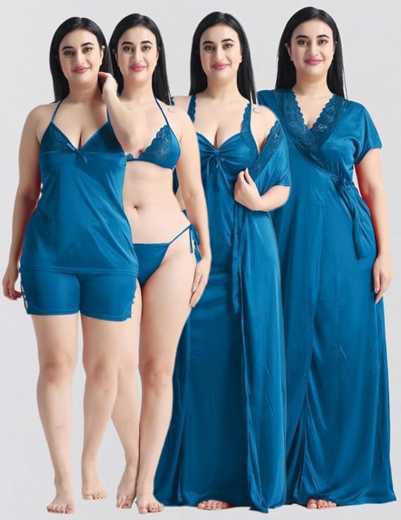 Image of Satin 6 Piece Nightwear Set, Coral Pink Lace Trim Sleepwear with Robe, Nighty, Top, Shorts, Lingerie Set for Women, Summer Collection-Mehndi Green.