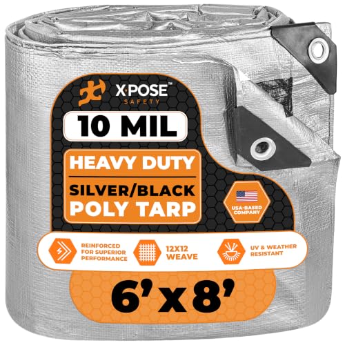 Image of Heavy Duty Poly Tarp - 6' x 8' - 10 Mil Thick Waterproof, UV Blocking Protective Cover - Reversible Silver and Black - Laminated Coating - Grommets - by Xpose Safety