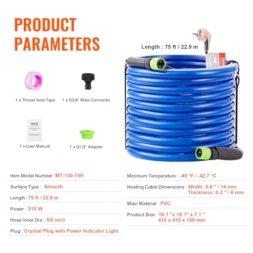 VEVOR 75ft beheizter Wasserschlauch für Wohnmobil, beheizter Trinkwasserschlauch mit Frostschutz bis -45°F, automatisch selbstregulierend, 5/8\ ID mit Schnellanschluss-Set, blei- und BPA-frei