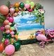 Sommer-Hintergrund für hawaiianische Strand, tropische Blumen, Palmenblätter, Flamingo, Fotografie-Hintergrund, Luau, blauer Himmel, Ozean, Aloha, Hawaii, Meer, Geburtstag, Party, Dekoration,