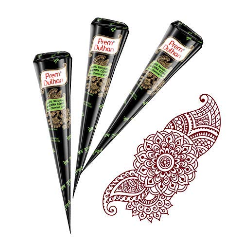 Image of Prem Dulhan Natural Henna Based Mehendi Cones 1 Box Pack of 12 Cones, Made from Natural Henna Leafs, Easy Application