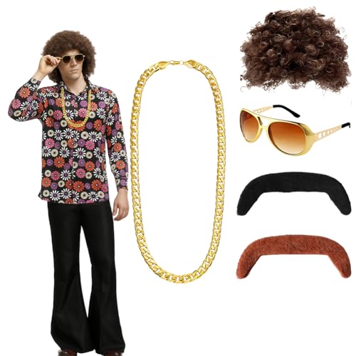 Conjunto de disfarces de hippies conjunto de 5 peças, acessórios retro estilo anos 60 e 70, disfarce hippie homem com peruca, óculos, barba, colar, colar, para festa de carnaval Halloween