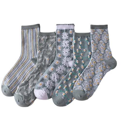 LAKEMON 5 Pack Cute Womens Floral Socks,Vintage Embroidered Floral Socks (5 Pairs-E)