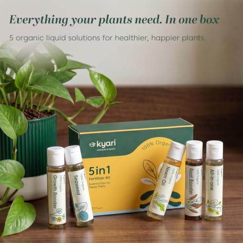 Image of Kyari 5-in-1 Liquid Plant Care Kit - Growth Booster, Seaweed Extract, Root Booster, Neem Oil & Plant Tonic - Organic Liquid Fertilizer Kit for Home Garden - 100% Natural for Plant Parents