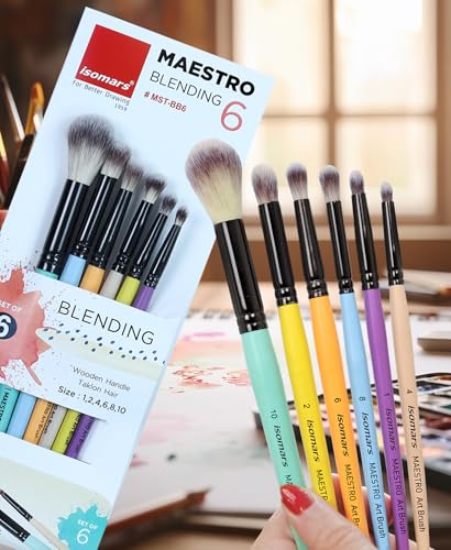 Image of Isomars Maestro Blending Brush Set of 6 - Professional Round Artist Brushes for Soft Blending, Shading and Transitions - Ideal for Watercolor, Acrylic, Gouache, and Ink - Sizes 1, 2, 4, 6, 8, 10