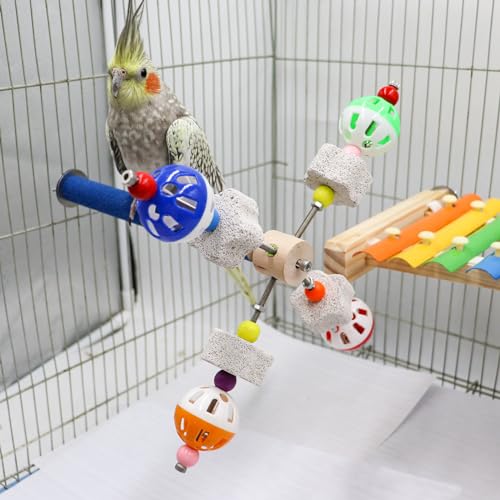 Image of Bird Perch Toy with Rotating Balls, Parrot Perch Stand with Calcium Stone Chew Toys, Bird Spinning Balls Toy, Bird Cage Accessory for Small Birds Parrots Parakeets Cockatiels Lovebirds Budgies, Black