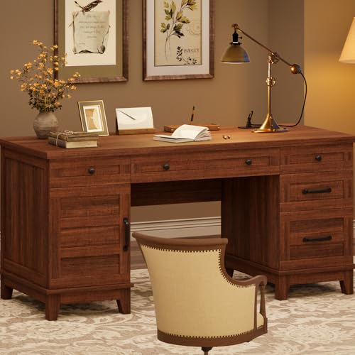 GarveeHome Executive Desk with File Drawers, Farmhouse Home Office Desk with Charging Station, 60" Wooden Computer Desk with Cabinet Storage for Work Study Writing, Walunt Brown