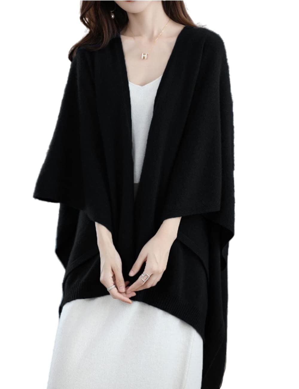 Women's Shawl Wrap Plus Size Cardigan 100% Merino Wool Poncho Cape Fall Winter Open Sweater Coat, Black, One size