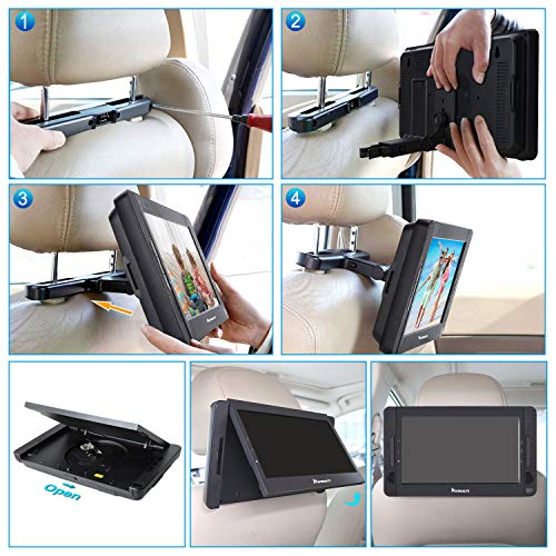 NAVISKAUTO 10.5" Portable DVD Player Dual Screen with HDMI Input, Car Headrest Mounting Bracket, Built-in Rechargeable Battery, USB Playback