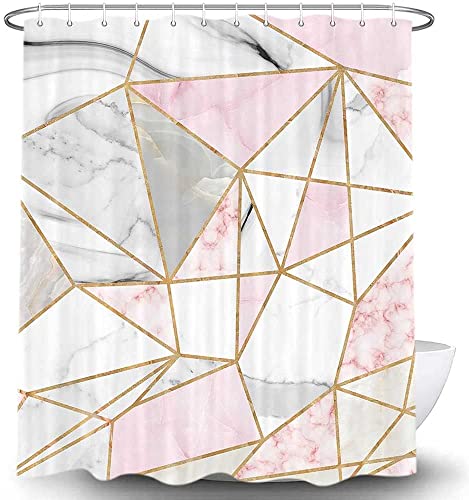 Pink White Marble Bathroom Shower Curtain, Gold White Pink Geometric Surface Cracked Triangle Texture Bathroom Decor Set Fabric Waterproof Shower Curtain Sets With Hooks #TOP5