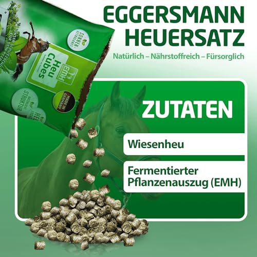 Eggersmann Mein Pferdefutter EMH Heu Cubes 20 kg - Raufutter aus sonnengetrocknetem Heu ideal als kompletter Heuersatz für Pferde & Ponys - Pferdefutter ideal bei Zahnproblemen - Deutsche Herstellung