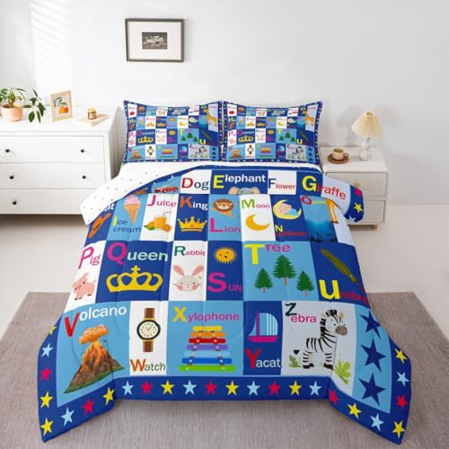 Image of Feelyou Kids ABC Alphabet Comforter Set Toddler Size, Educational Bedding Set Boys Girls Learning Duvet Insert Teens Bedroom Decor Microfiber Bed Set
