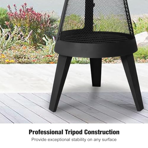 Clarfey Chiminea Outdoor Fireplace, Metal Wood Burning Fire Pit with Log Grate, Mesh Screen, Modern Fireplace for Patio, Backyard, Garden, Black