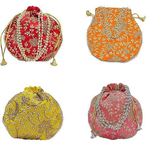 KSR Embroidered Potli Handbag, Pink, Pearl Beaded Handle, Mirror Work, Ethnic Style,multi color-image-44