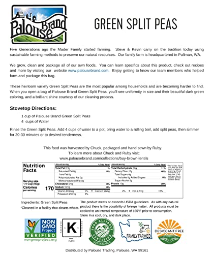 Split Peas | Green | 4 Lbs | Family Farmed In Washington State | Non-Gmo Project Verified | Non-Irradiated | Kosher Parve | Field Traced | Resealable Kraft Bag | High In Protein #TOP4