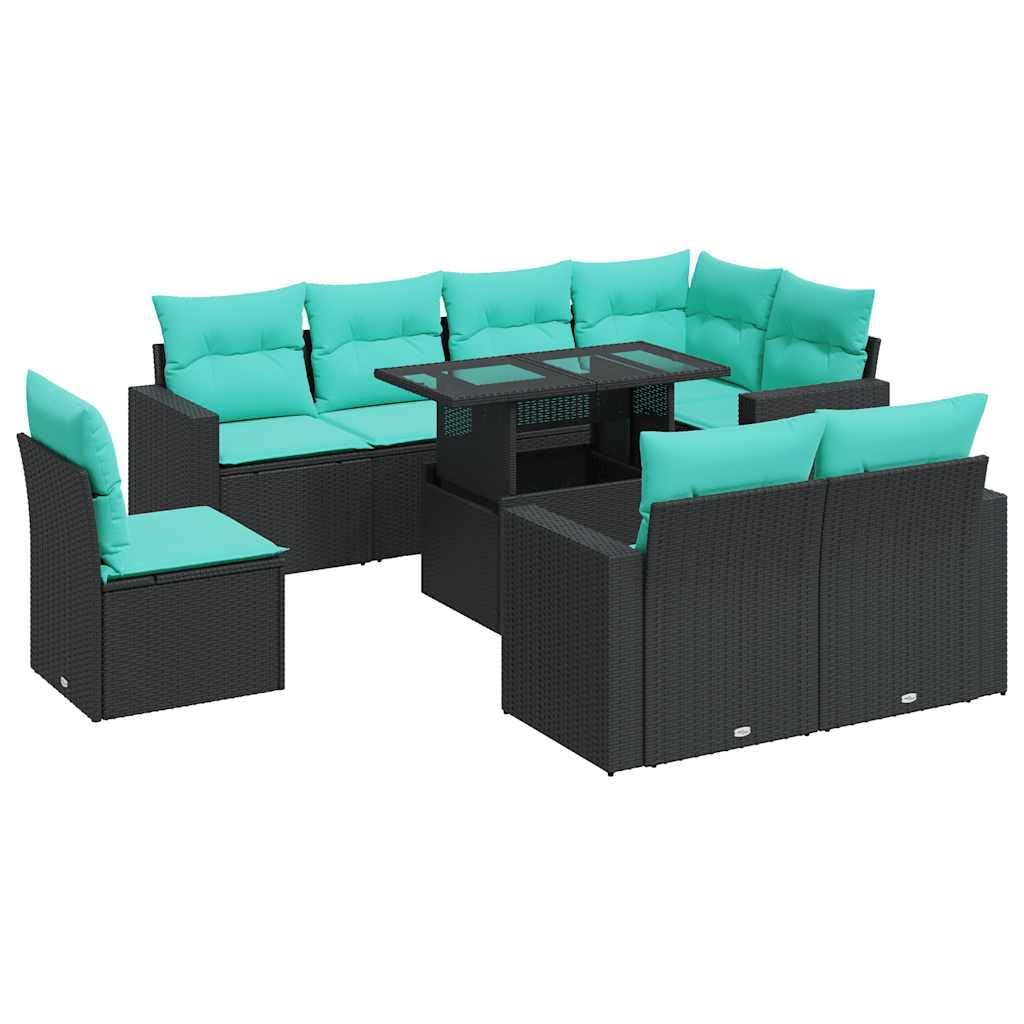 Juego de muebles de jardín de polirratán negro, conjunto modular con sofás esquineros, sofás centrales y mesa, juego de salón, incluye cojines azules para terraza y exterior