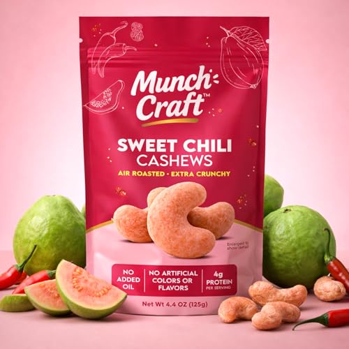 Image of Munch Craft Gourmet Sweet Chili (Guava Blaze) Cashews (3-Pack) - Perfectly Balanced Flavor (Tropical Guava & Red Chili) - Extra Crunchy Air-Roasted Nuts, Oil-Free - No Artificial Colors or Flavors - Three 4.4 oz Bags (13.2 oz Total)