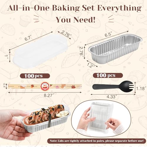 YQER 100 Pack Silver Mini Cake Pans with Lids and Spoons, 6.8 oz Disposable Aluminum Foil Mini Loaf Pans with Stickers, Individual Elegant Dessert Cake Tins Containers for Weddings, Winter Parties by YQER - Used condition - US$20.80