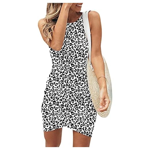 HiMONE Women 2023 Sleeveless Tank Ruched Bodycon Wrap Casual Short Dresses Leopard White Medium