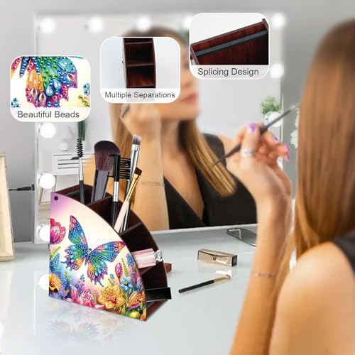 Image of DIY Diamond Painting Storage Box with 4 Compartments, Butterfly-Themed Diamond Art Curved Wooden Organizer for Remote Controllers, Office Supplies, Makeup Brush, Media Accessories