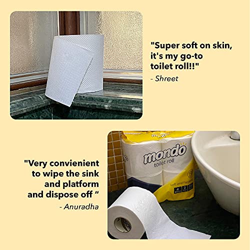 Image of Mondo Toilet Roll Tissue (2 Ply, 350 Pulls) | Pack of 4 Rolls | 100% skin safe FDA approved, OBA free | Septic-safe bath tissue | Compatible with all dispensers | Toilet Tissue Paper Roll