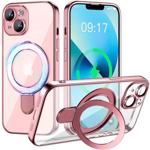 Image of Magnetic for iPhone 13 Case with Invisible Stand[Compatible with MagSafe][Full Camera Lens Protector][Military Drop Protection] Shockproof Not Yellowing Clear Soft Slim for Women Men, Pink